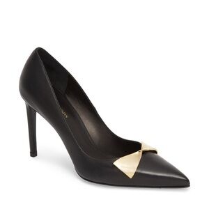Stuart Weitzman Stanton 90mm Black Leather Metal Bow Pump 8